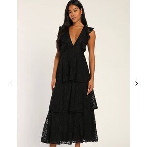 Lulus Black Lace Ruffled Tiered Sleeveless Maxi Dress, large